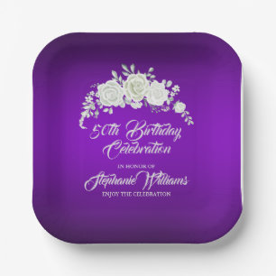 Women's Vintage Purple White Rose 50th Birthday Paper Plates