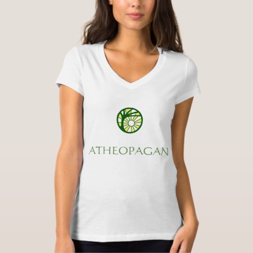 Womens White Atheopagan V_neck Tee with Symbol