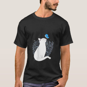 Womens White Cat and Blue Butterfly Animal Whimsic T-Shirt