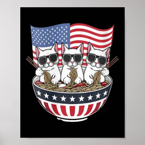 Womens White Cats Ramen Anime American Flag Usa Fu Poster