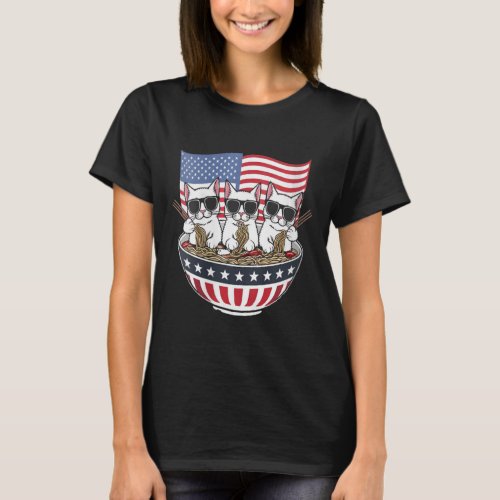 Womens White Cats Ramen Anime American Flag Usa Fu T_Shirt