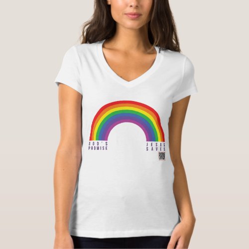 Womens White V Shirt Rainbow Jesus Saves