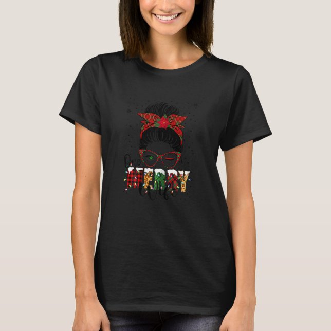Womens Wife Messy Bun Buffalo Plaid Christmas One  T-Shirt (Front)
