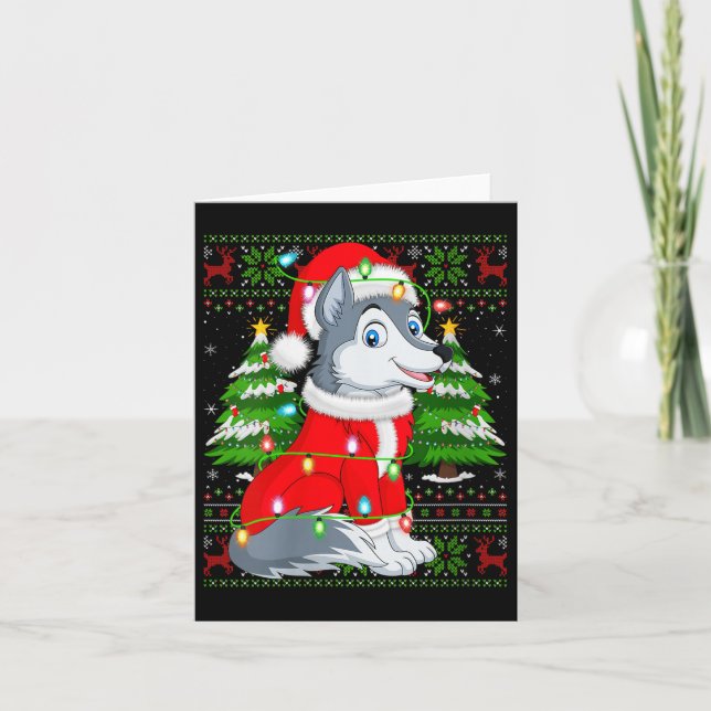 Womens Wolf Christmas Lights Santa Costume Ugly Xm Card (Front)