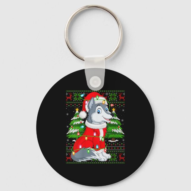Womens Wolf Christmas Lights Santa Costume Ugly Xm Keychain (Front)