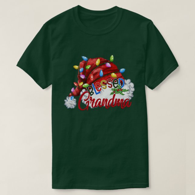 Womens Womens Blessed Grandma Santa Hat  Xmas Ligh T-Shirt (Design Front)