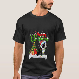 Womens Xmas Lighting Matching Santa Boston Terrier T-Shirt