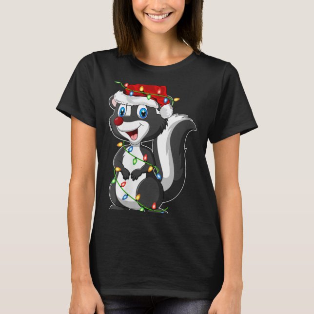 Womens Xmas Lights Santa Hat Skunk Christmas V Nec T-Shirt (Front)