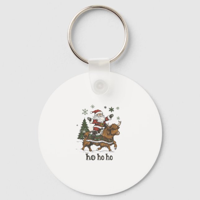 Womens Xmas Tree Lighting Santa Riding Highland Co Keychain (Front)