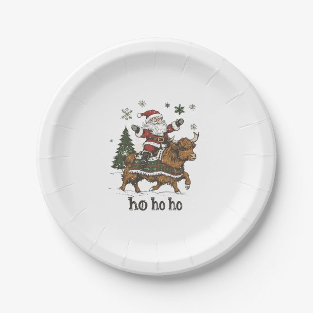 Womens Xmas Tree Lighting Santa Riding Highland Co Paper Plates (Front)
