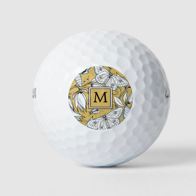 Women's Yellow Butterfly Floral Monogram Golf Balls (Front)
