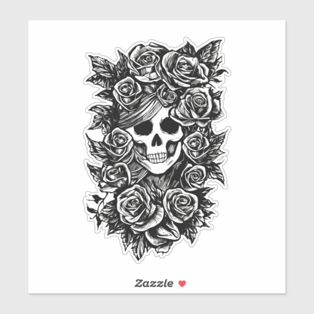 Womman Skull Roses Goth Original ink drawing Art   Sticker (Sheet)