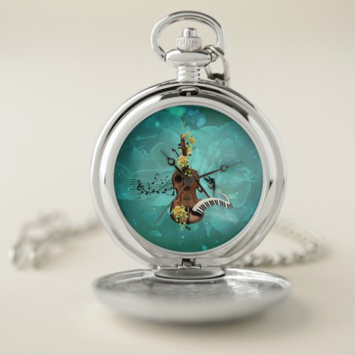 Wondeful violin with piano and flowers pocket watch