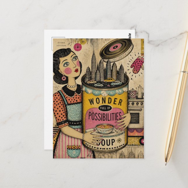 Wonder Full of Possibilities Soup Woman Postcard (Front/Back In Situ)