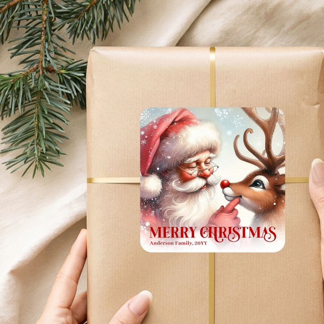 Wonder Personalized Santa Rudolph Christmas Sticke Square Sticker (Wonder Personalized Santa Rudolph Christmas Sticker)