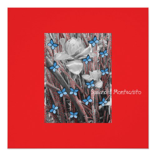 Wonder Rose Red Ants  Blue Butterflies Poster