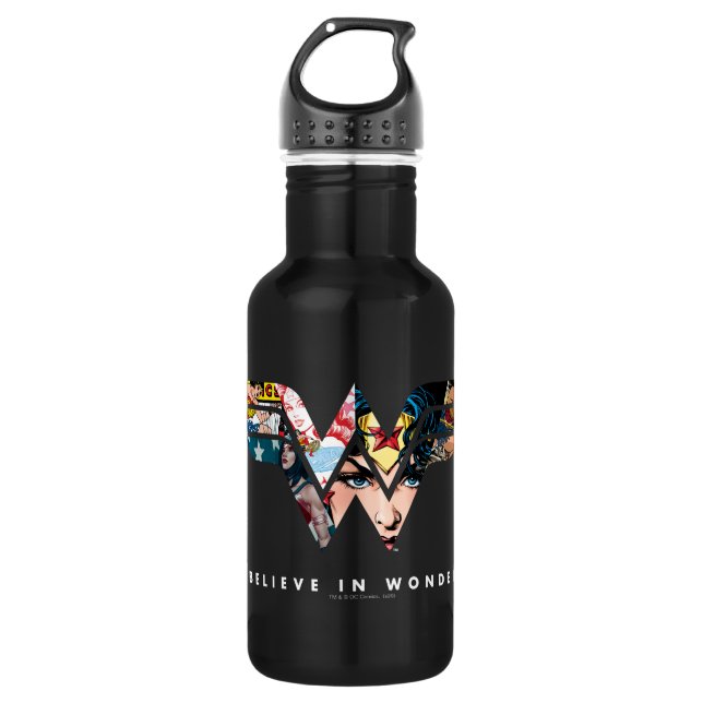 Wonder Woman "Believe In Wonder" Collage Logo Stainless Steel Water Bottle (Front)