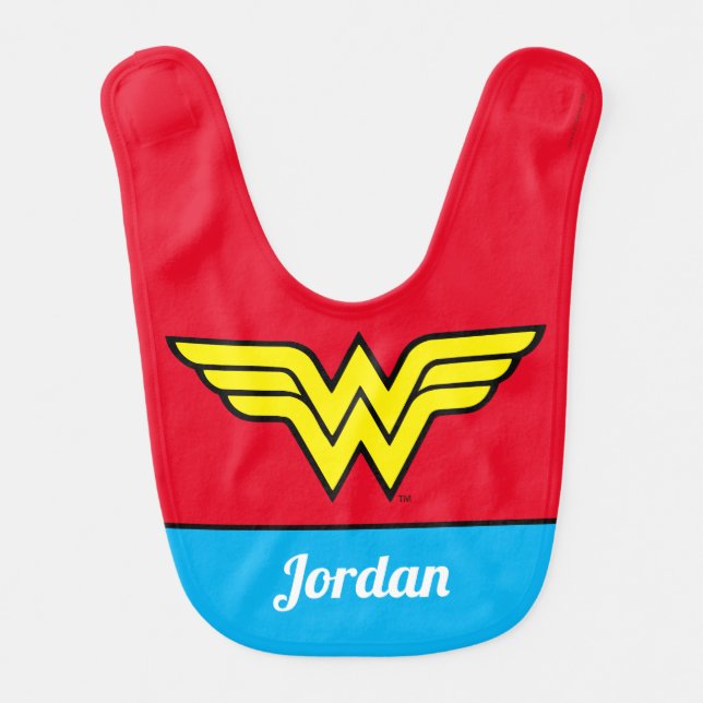 Wonder Woman | Classic Logo & Name Baby Bib (Front)