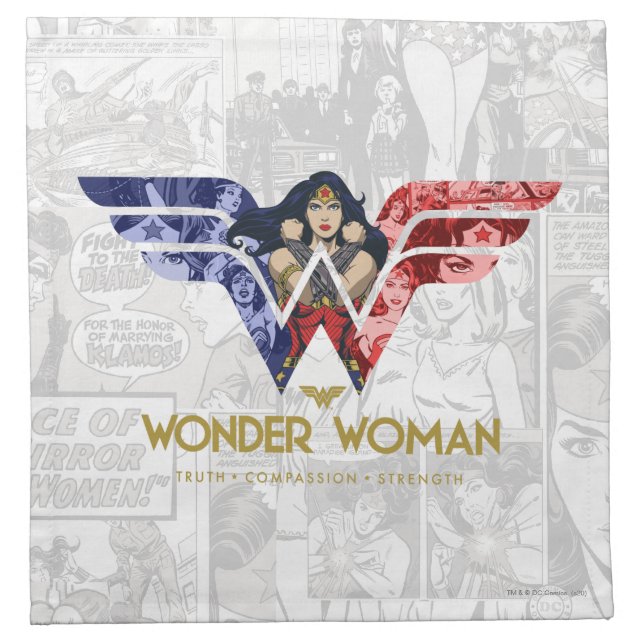 Wonder Woman Crossed Arms in Logo Collage Cloth Napkin (Front)