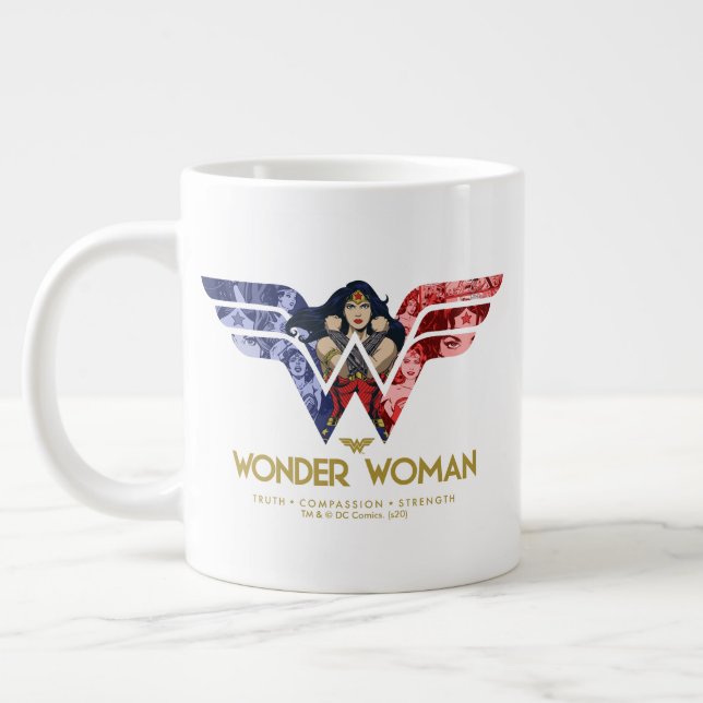 Wonder Woman Crossed Arms in Logo Collage Giant Coffee Mug (Left)
