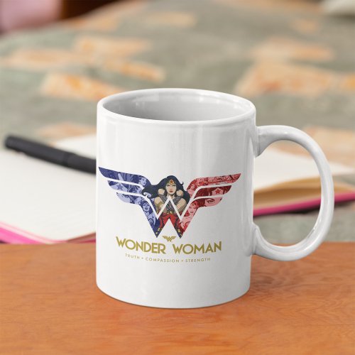 Wonder Woman Crossed Arms in Logo Collage Mug
