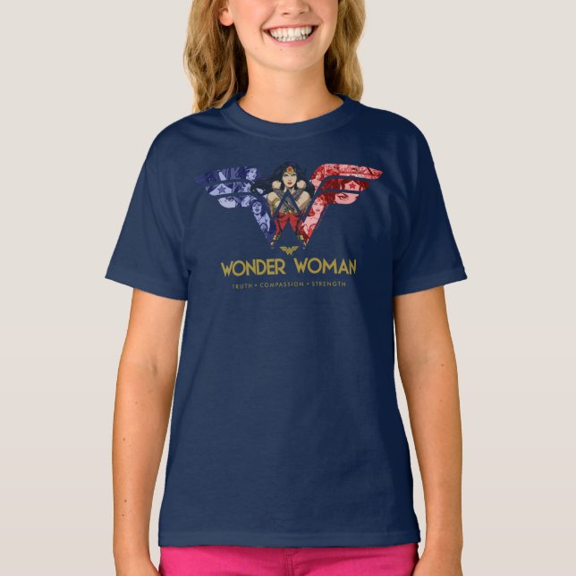 Wonder Woman Crossed Arms in Logo Collage T-Shirt (Front)