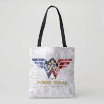 Wonder Woman Crossed Arms in Logo Collage Tote Bag