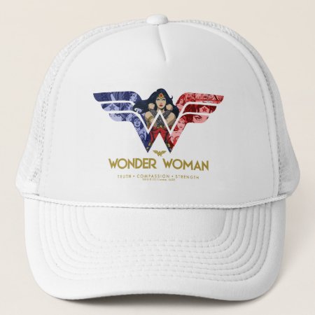 Wonder Woman Crossed Arms In Logo Collage Trucker Hat