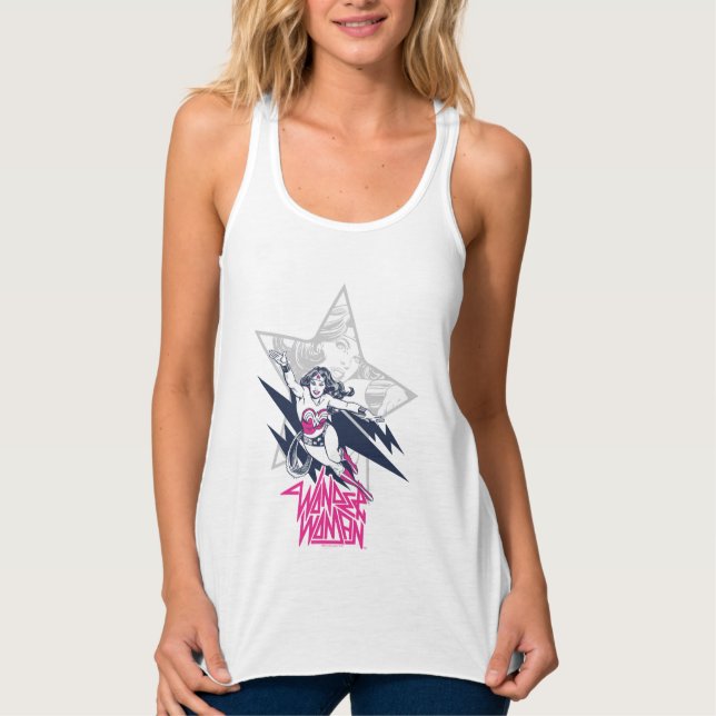 Wonder Woman Glam Rock Flying Character Graphic Tank Top (Front)