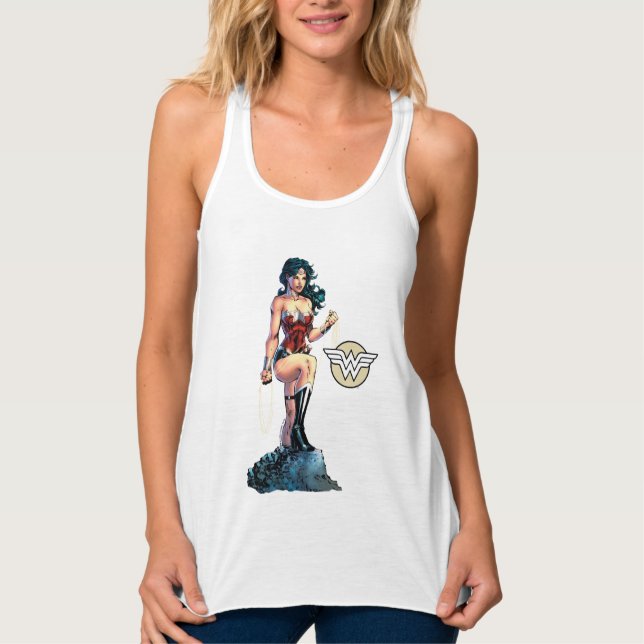 Wonder Woman Gripping Lasso Atop Rock Tank Top (Front)