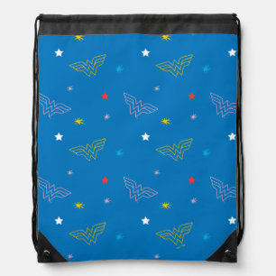 Wonder Woman Logo and Stars Blue Pattern Drawstring Bag