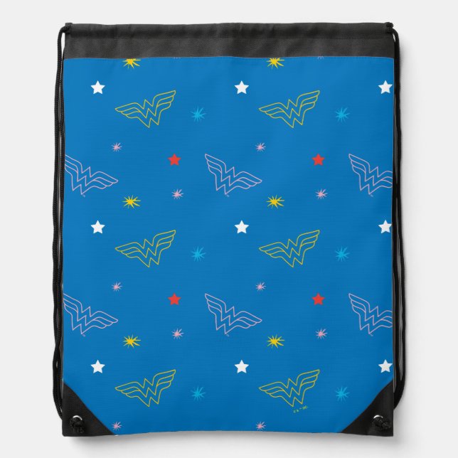 Wonder Woman Logo and Stars Blue Pattern Drawstring Bag (Front)