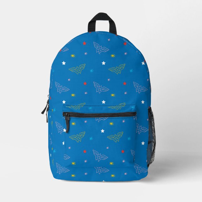 Wonder Woman Logo and Stars Blue Pattern Printed Backpack (Front)
