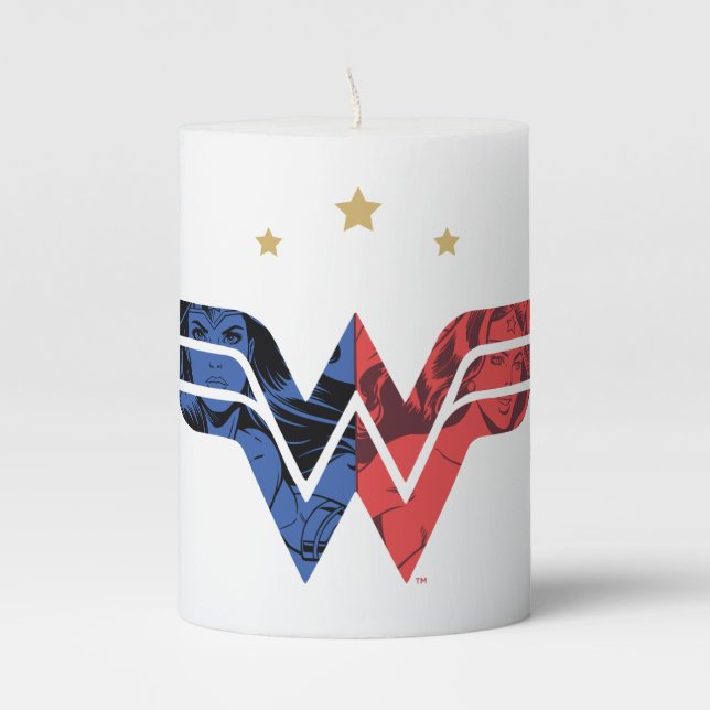 Wonder Woman Modern & Retro Comic Overlay Logo Pillar Candle (Front)