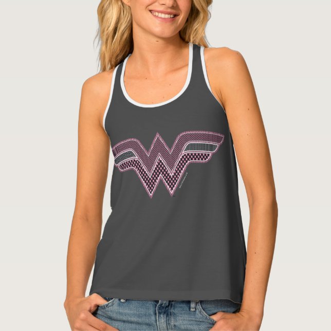 Wonder Woman Pink and Black Checker Mesh Logo Tank Top (Front)