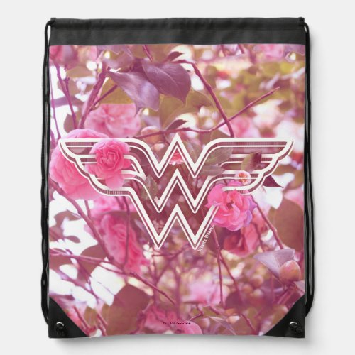 Wonder Woman Pink Camellia Flowers Logo Drawstring Bag