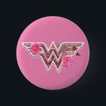 Wonder Woman Pink Camellia Flowers Logo Pinback Button<br><div class="desc">The classic Wonder Woman logo amongst pink camillia flowers.</div>