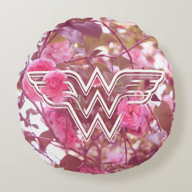 Wonder Woman Pink Camellia Flowers Logo Round Pillow (Front)