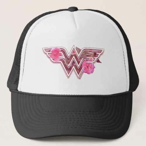 Wonder Woman Pink Camellia Flowers Logo Trucker Hat
