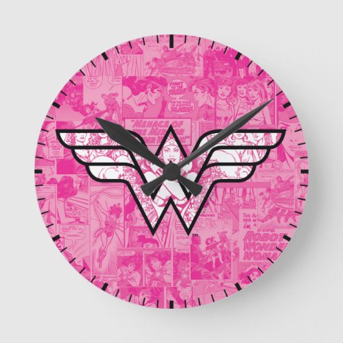Wonder Woman Pink Comic Book Collage Logo Round Clock