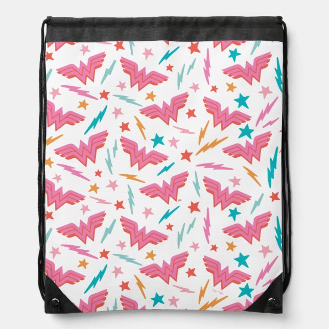 Wonder Woman Pink Logo and Lightning Pattern Drawstring Bag (Front)