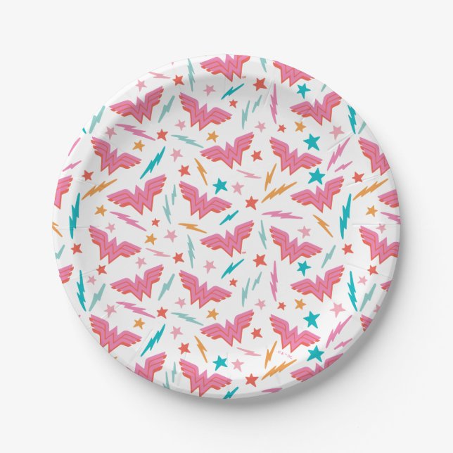 Wonder Woman Pink Logo and Lightning Pattern Paper Plates (Front)