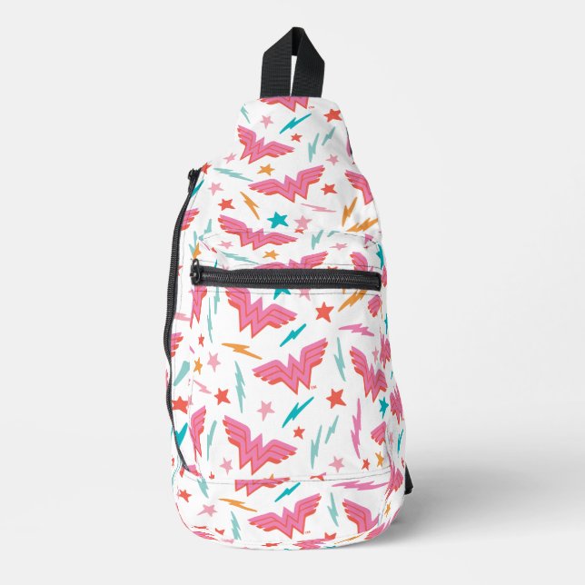 Wonder Woman Pink Logo and Lightning Pattern Sling Bag (Front)