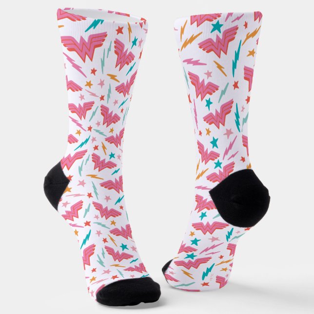 Wonder Woman Pink Logo and Lightning Pattern Socks (Angled)