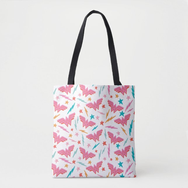 Wonder Woman Pink Logo and Lightning Pattern Tote Bag (Front)