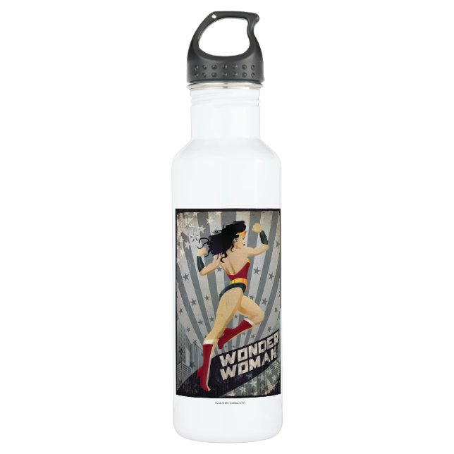 Wonder Woman Retro City Sunburst and Stars Water Bottle (Front)