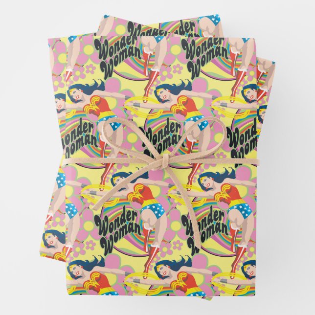 Wonder Woman Retro Flowers Wrapping Paper Sheets (In situ)