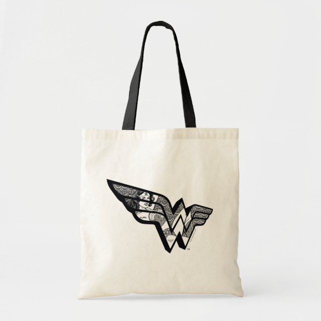 Wonder Woman Sitting In Angled Lace Logo Tote Bag (Front)