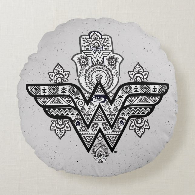 Wonder Woman Spiritual Paisley Hamsa Logo Round Pillow (Front)