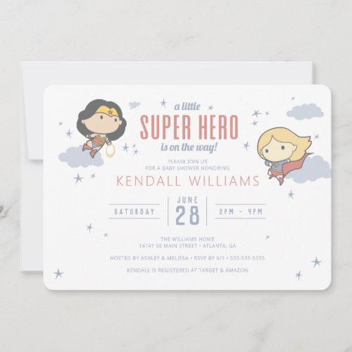 Wonder Woman  Supergirl  Super Hero Baby Shower Invitation